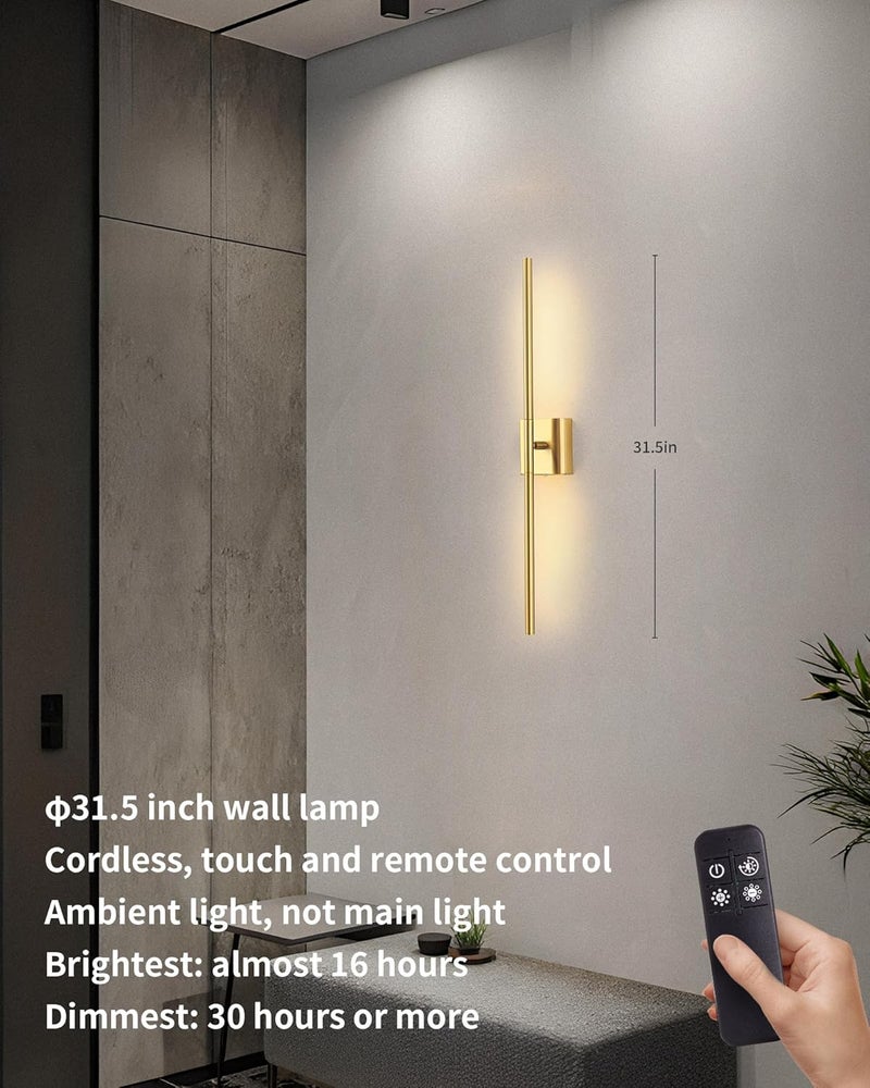 KDG Cordless Wall Sconces Set of 2, Wireless 5200mAh Rechargeable Battery Operated LED Wall Lamps with Remote, 360° Rotate Lightings for Wall Painting, Bedroom, Hallway, Night Light 31.5 inch (Gold) - Image 1